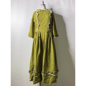 Vintage 1940s Handmade Lace And Floral Green Prairie Dress Women's Size Small